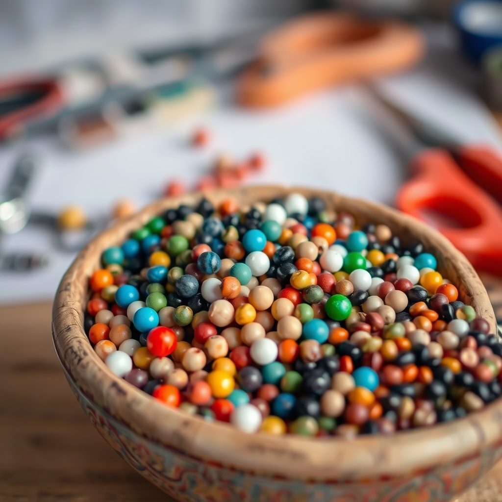 Vibrant seed beads in a bowl