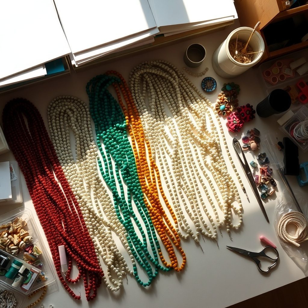 Colorful beads spilled on a table