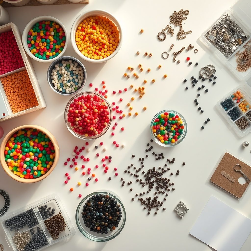 Colorful seed beads spilled on a table