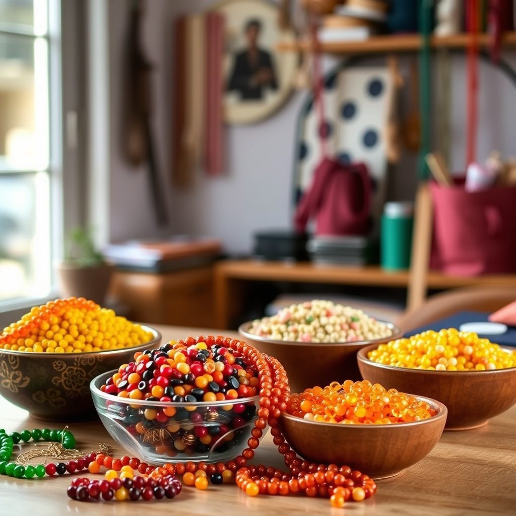 Spilled colorful seed beads on a table